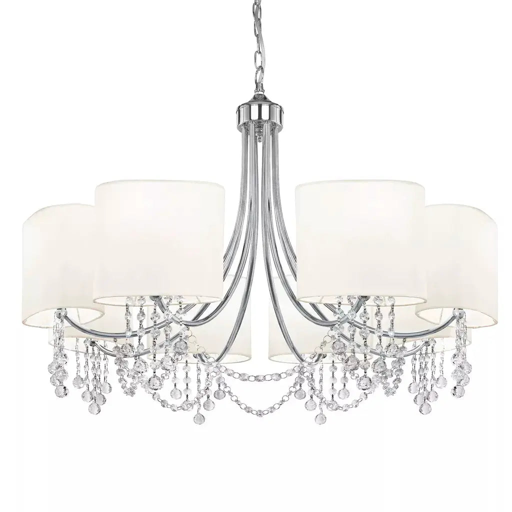 Searchlight Pendant Lights Nina 8Lt Ceiling Pendant - Chrome, Crystal & White Shades - Searchlight Pendant Lights Nina 8Lt Ceiling Pendant - Chrome, Crystal & White Shades