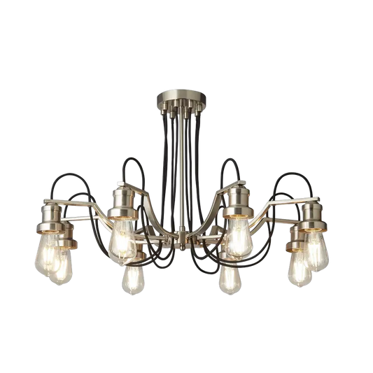 Searchlight Pendant Lights Olivia 8Lt Pendant- Satin Silver Metal & Black Braided Cable - Searchlight Pendant Lights Olivia 8Lt Pendant- Satin Silver Metal & Black Braided Cable
