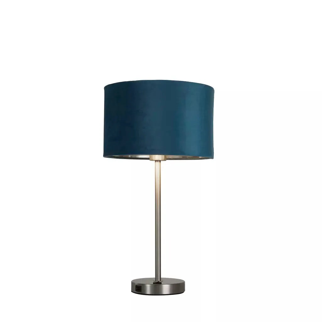 searchlight table lamps Finn USB Table Lamp - Satin Nickel Metal & Teal Velvet Shade - searchlight table lamps Finn USB Table Lamp - Satin Nickel Metal & Teal Velvet Shade