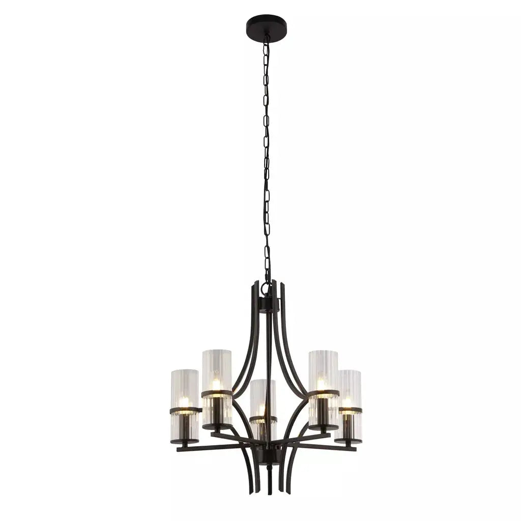 Searchlight Pendant Lights Lux & Belle 5Lt Pendant - Matt Black Metal & Ribbed Glass - Searchlight Pendant Lights Lux & Belle 5Lt Pendant - Matt Black Metal & Ribbed Glass