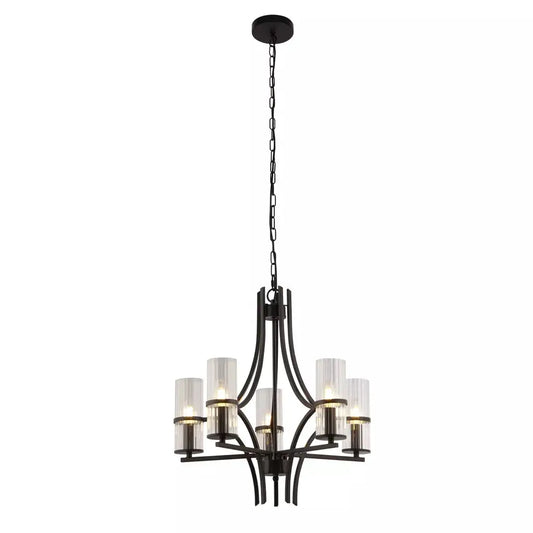 Searchlight Pendant Lights Lux & Belle 5Lt Pendant - Matt Black Metal & Ribbed Glass - Searchlight Pendant Lights Lux & Belle 5Lt Pendant - Matt Black Metal & Ribbed Glass