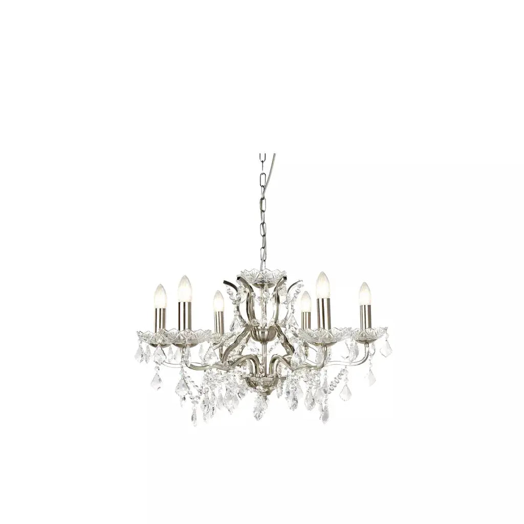 searchlight chandlier Paris 6Lt Chandelier - Satin Silver Metal & Clear Crystal - searchlight chandlier Paris 6Lt Chandelier - Satin Silver Metal & Clear Crystal