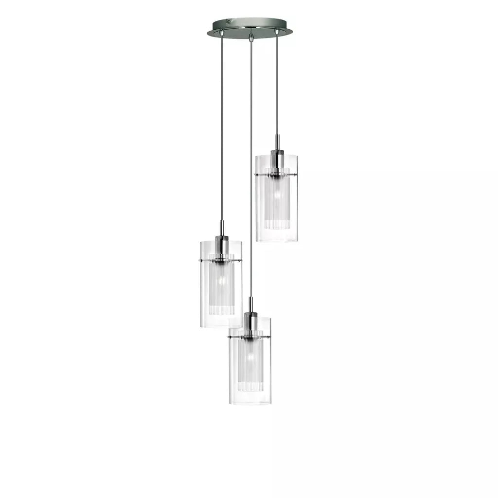 Searchlight Pendant Lights Duo I 3Lt Multi-Drop Pendant - Chrome Metal & Double Glass - Searchlight Pendant Lights Duo I 3Lt Multi-Drop Pendant - Chrome Metal & Double Glass