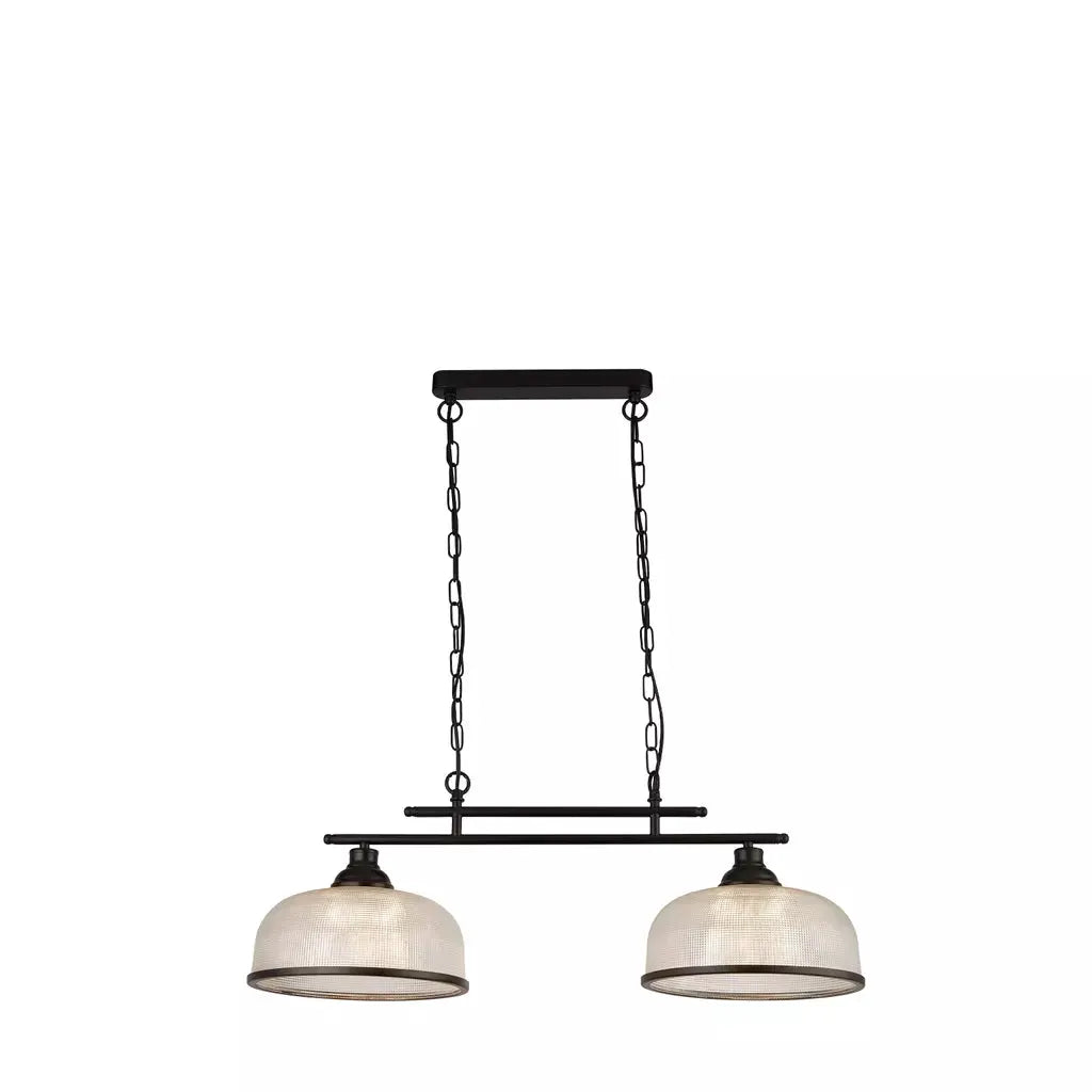 Searchlight Pendant Lights Highworth 2Lt Pendant - Black Metal & Holophane Style Glass - Searchlight Pendant Lights Highworth 2Lt Pendant - Black Metal & Holophane Style Glass