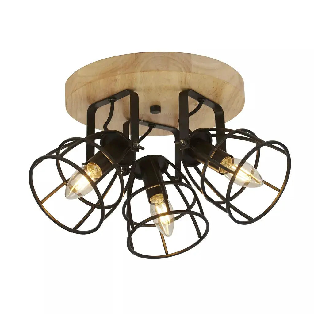 searchlight spots Vision 3Lt Round Ceiling Light - Matt Black Metal & Wood - searchlight spots Vision 3Lt Round Ceiling Light - Matt Black Metal & Wood