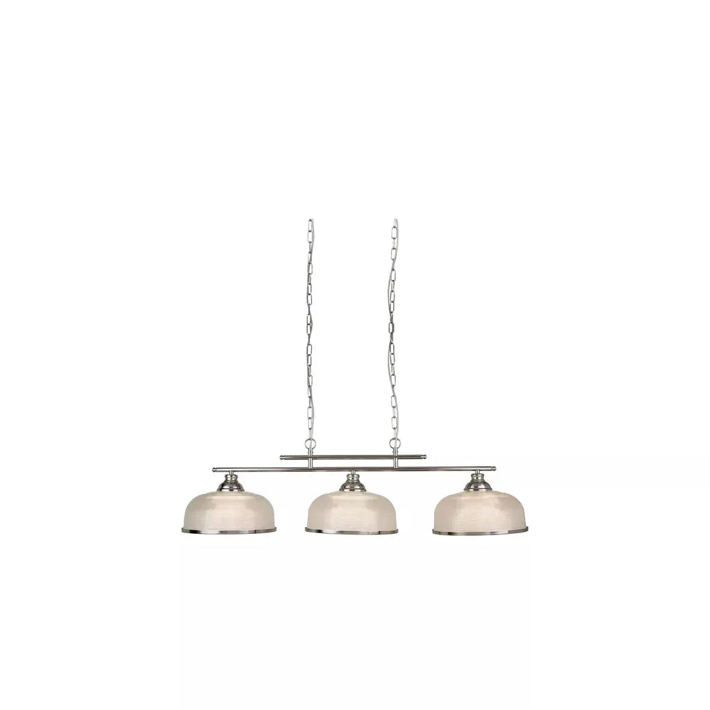 Searchlight Pendant Lights Bistro II 3Lt Pendant - Satin Silver & Holophane Style Glass - Searchlight Pendant Lights Bistro II 3Lt Pendant - Satin Silver & Holophane Style Glass