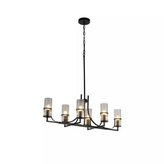 Searchlight Pendant Lights Lux & Belle 6Lt Pendant - Matt Black Metal & Ribbed Glass - Searchlight Pendant Lights Lux & Belle 6Lt Pendant - Matt Black Metal & Ribbed Glass