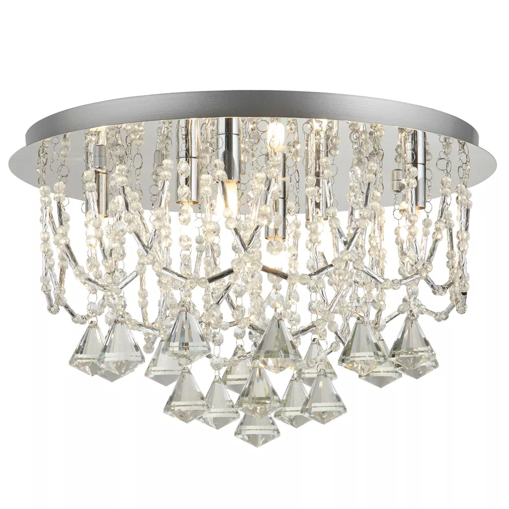 Searchlight Mela 6Lt Flush - Chrome & Clear Crystal Pyramid Drops - Ceiling Lights Searchlight Mela 6Lt Flush - Chrome & Clear Crystal Pyramid Drops Ceiling Lights