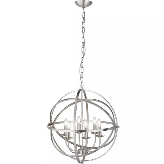 Searchlight Pendant Lights Orbit 6Lt Pendant - Satin Silver Metal - Searchlight Pendant Lights Orbit 6Lt Pendant - Satin Silver Metal