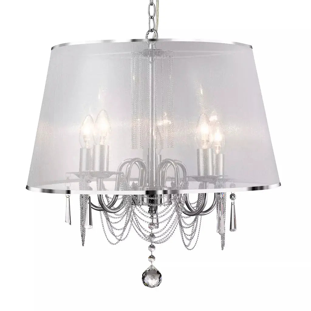 Searchlight Pendant Lights Venetian 5Lt Pendant - Chrome, Voile Shade & Crystal Glass - Searchlight Pendant Lights Venetian 5Lt Pendant - Chrome, Voile Shade & Crystal Glass