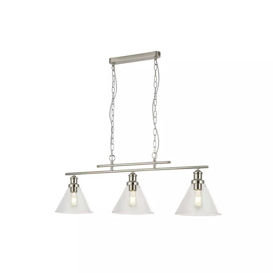 Searchlight Pendant Lights Pyramid 3Lt Bar Pendant - Satin Silver Metal & Glass - Searchlight Pendant Lights Pyramid 3Lt Bar Pendant - Satin Silver Metal & Glass