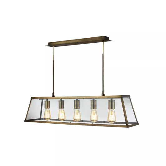 Searchlight Pendant Lights Voyager 5Lt Bar Pendant - Antique Brass Metal & Glass - Searchlight Pendant Lights Voyager 5Lt Bar Pendant - Antique Brass Metal & Glass