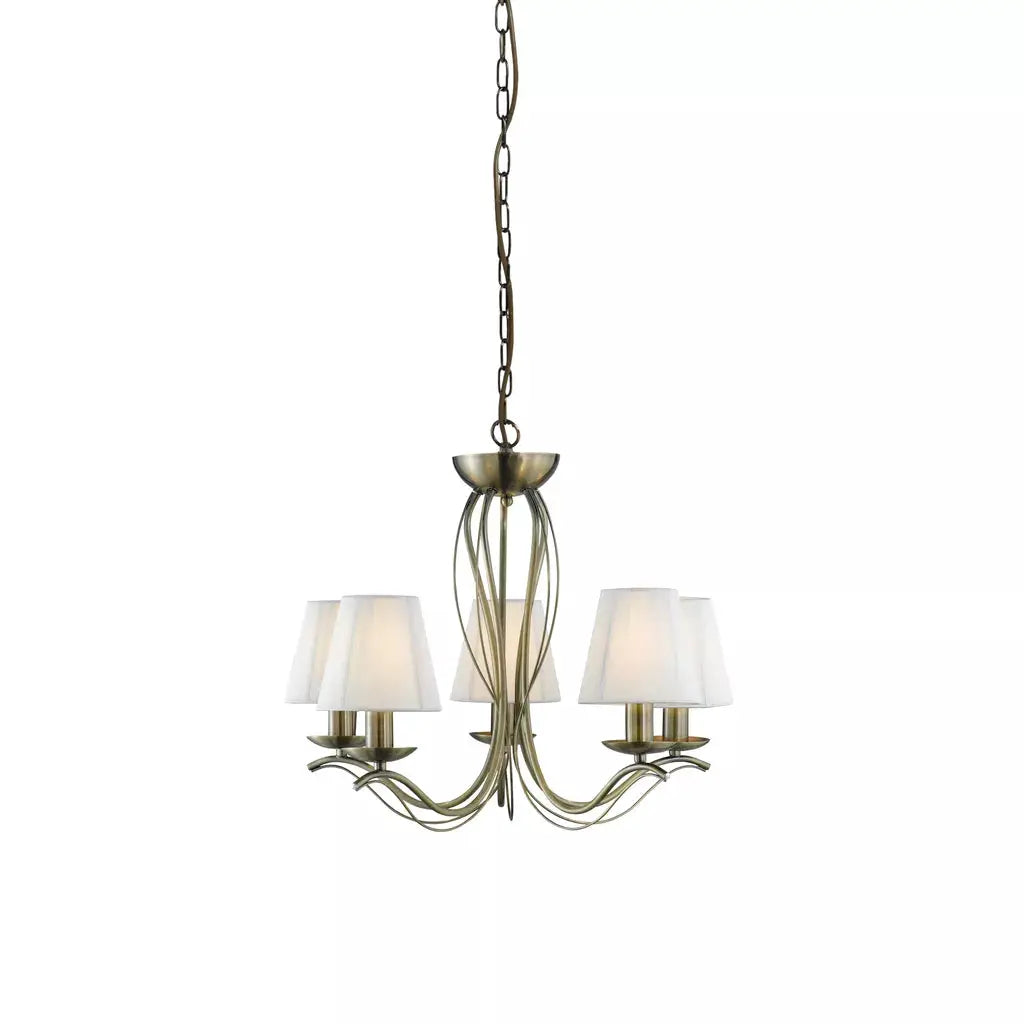 Searchlight Pendant Lights Andretti 5Lt Pendant-Antique Brass & Ivory String Fabric - Searchlight Pendant Lights Andretti 5Lt Pendant-Antique Brass & Ivory String Fabric