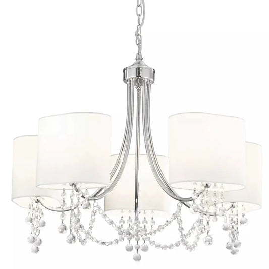 Searchlight Pendant Lights Nina 5Lt Pendant - Chrome, Crystal & Fabric Shades - Searchlight Pendant Lights Nina 5Lt Pendant - Chrome, Crystal & Fabric Shades