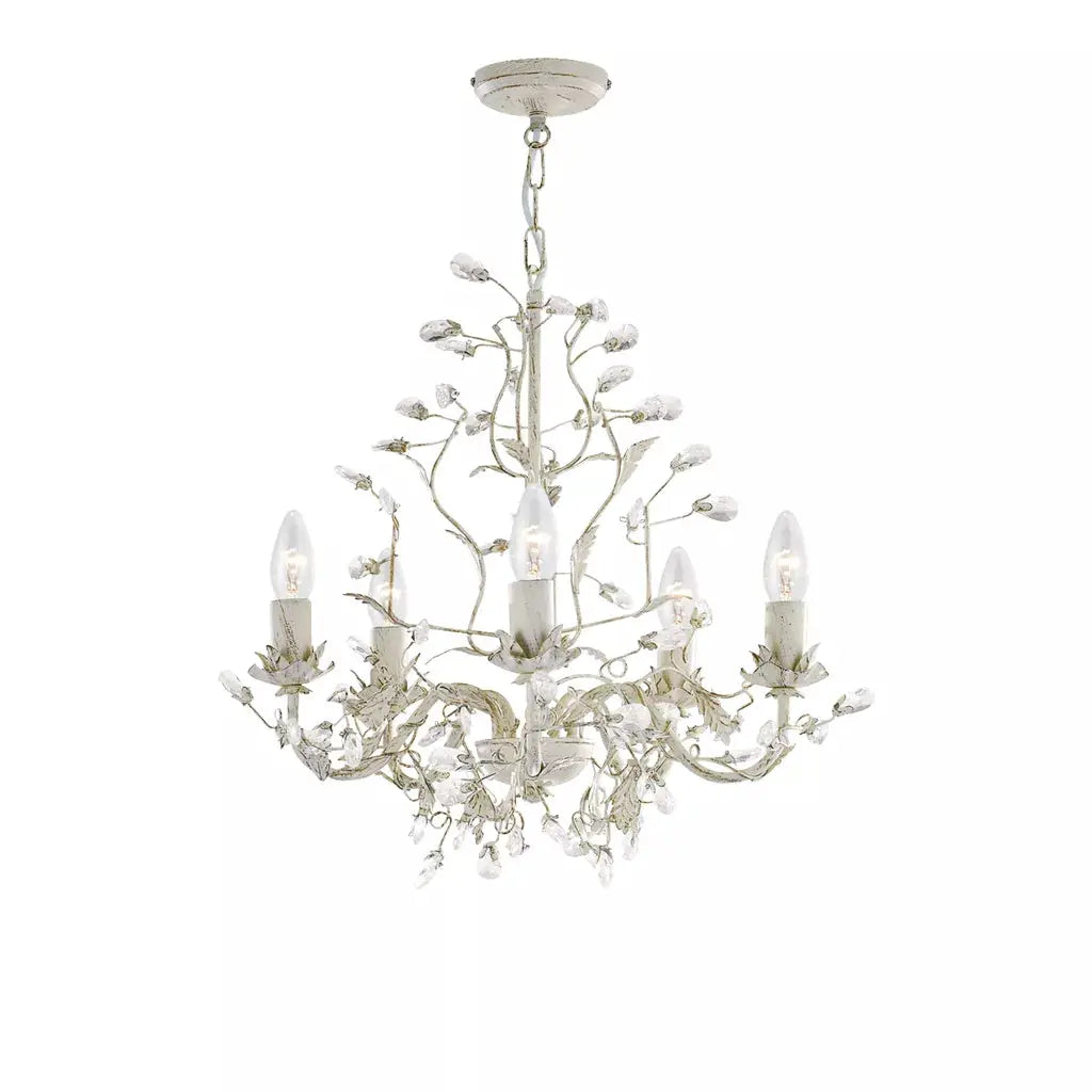 Searchlight Pendant Lights Alamandite 5Lt Pendant - Cream & Gold Metal & Glass Drops - Searchlight Pendant Lights Alamandite 5Lt Pendant - Cream & Gold Metal & Glass Drops