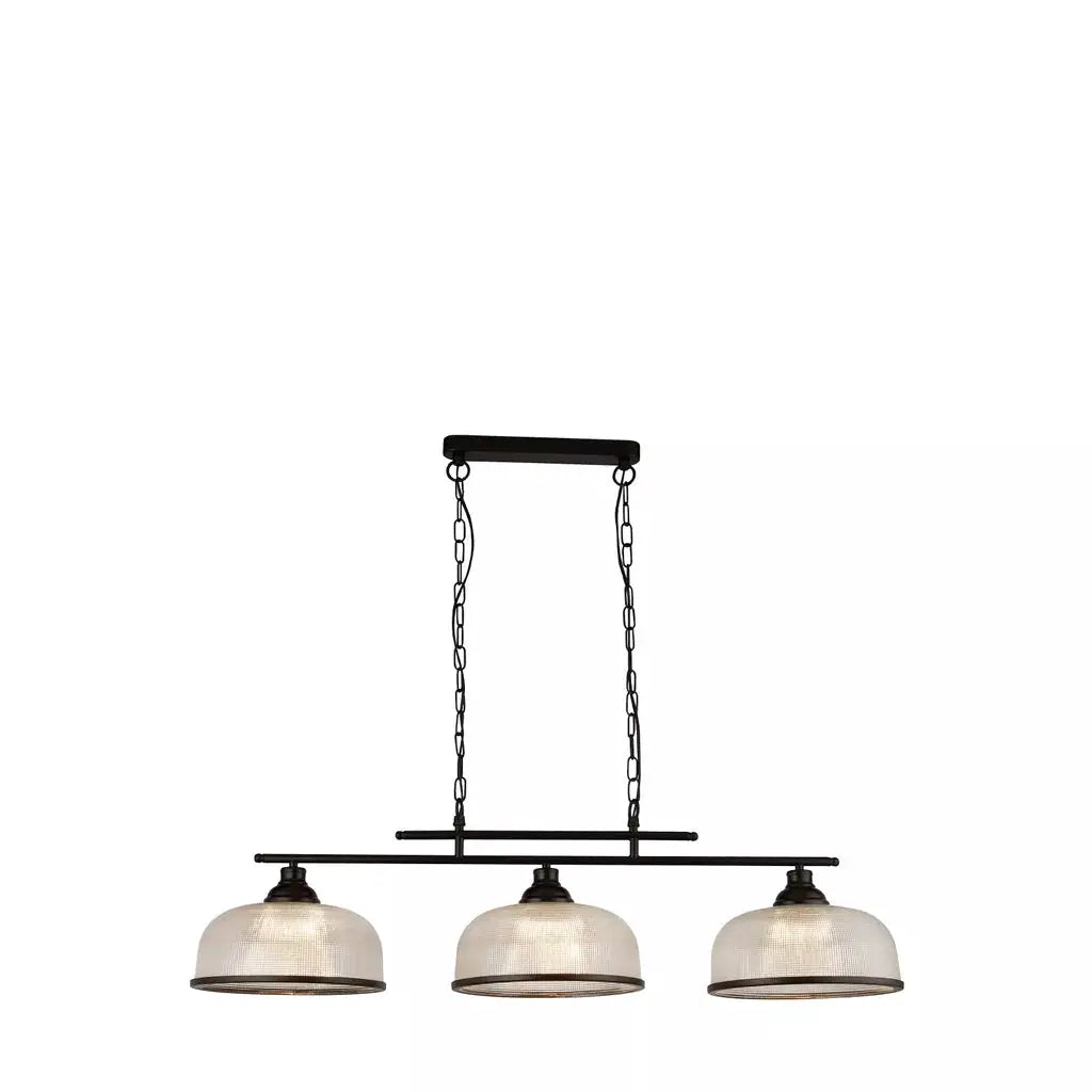 Searchlight Pendant Lights Highworth 3Lt Pendant - Black Metal & Holophane Style Glass - Searchlight Pendant Lights Highworth 3Lt Pendant - Black Metal & Holophane Style Glass