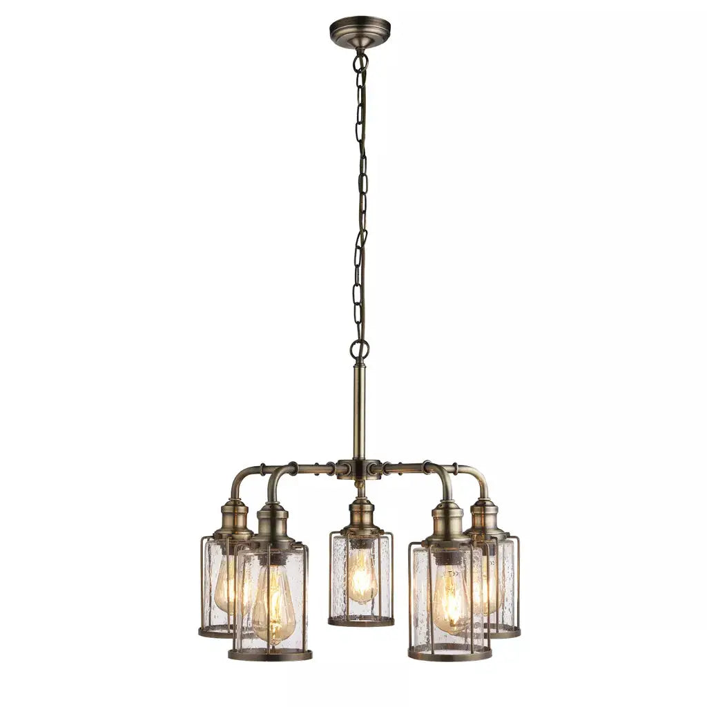 Searchlight Pendant Lights Pipes 5Lt Pendant - Antique Brass Metal & Seeded Glass - Searchlight Pendant Lights Pipes 5Lt Pendant - Antique Brass Metal & Seeded Glass