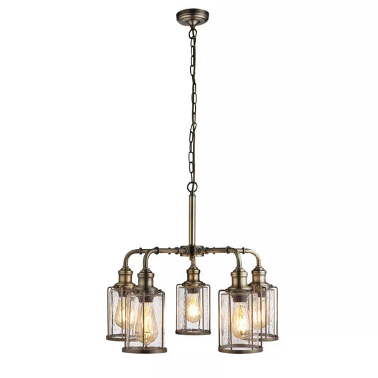 Searchlight Pendant Lights Pipes 5Lt Pendant - Antique Brass Metal & Seeded Glass - Searchlight Pendant Lights Pipes 5Lt Pendant - Antique Brass Metal & Seeded Glass