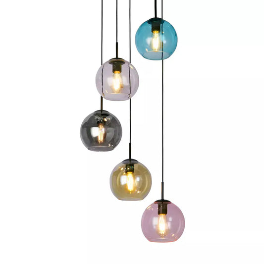 Searchlight Pendant Lights Mardi Gras II 5Lt Pendant - Black Metal & Coloured Glass - Searchlight Pendant Lights Mardi Gras II 5Lt Pendant - Black Metal & Coloured Glass