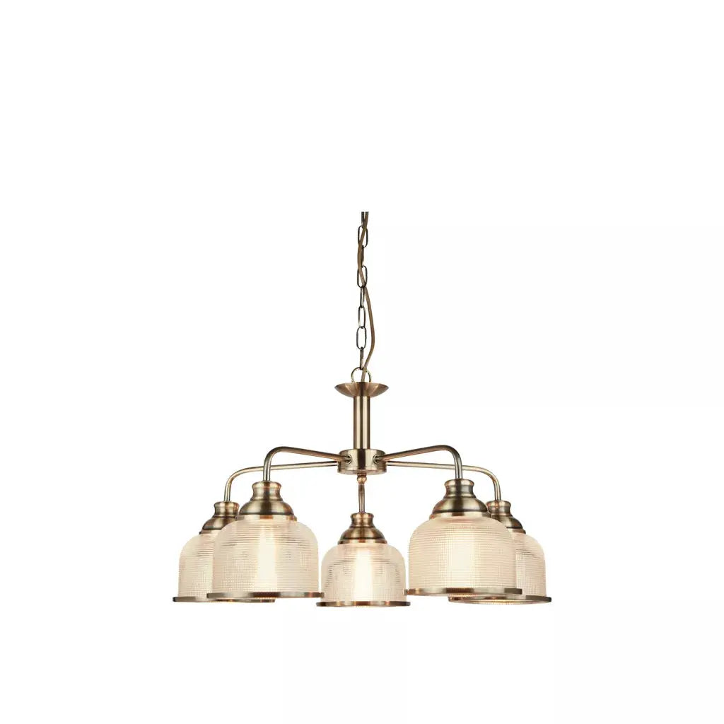 Searchlight Pendant Lights Bistro II 5Lt Pendant -Antique Brass & Holophane Style Glass - Searchlight Pendant Lights Bistro II 5Lt Pendant -Antique Brass & Holophane Style Glass