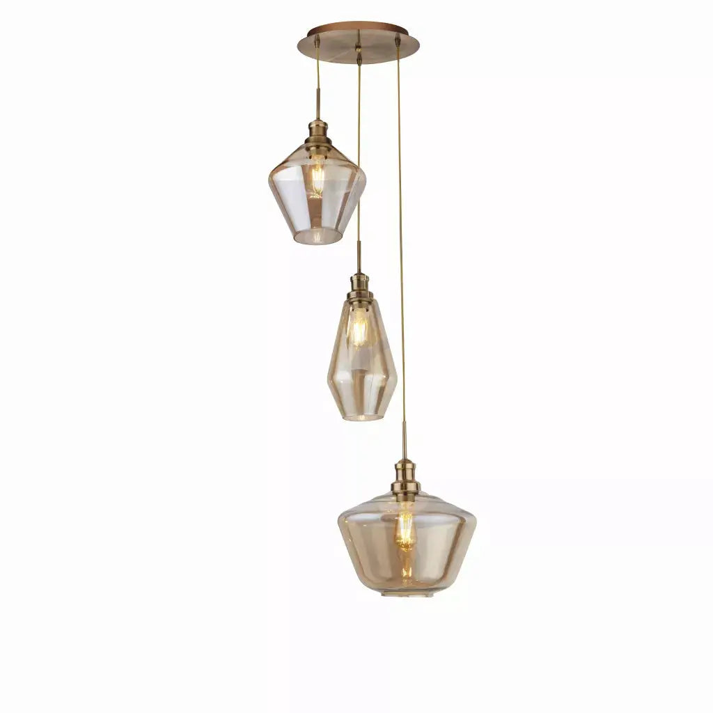 Searchlight Pendant Lights Mia 3Lt Multi-Drop Pendant - Antique Brass Metal,Amber Glass - Searchlight Pendant Lights Mia 3Lt Multi-Drop Pendant - Antique Brass Metal,Amber Glass