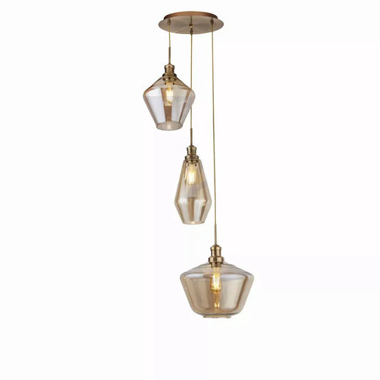 Searchlight Pendant Lights Mia 3Lt Multi-Drop Pendant - Antique Brass Metal,Amber Glass - Searchlight Pendant Lights Mia 3Lt Multi-Drop Pendant - Antique Brass Metal,Amber Glass