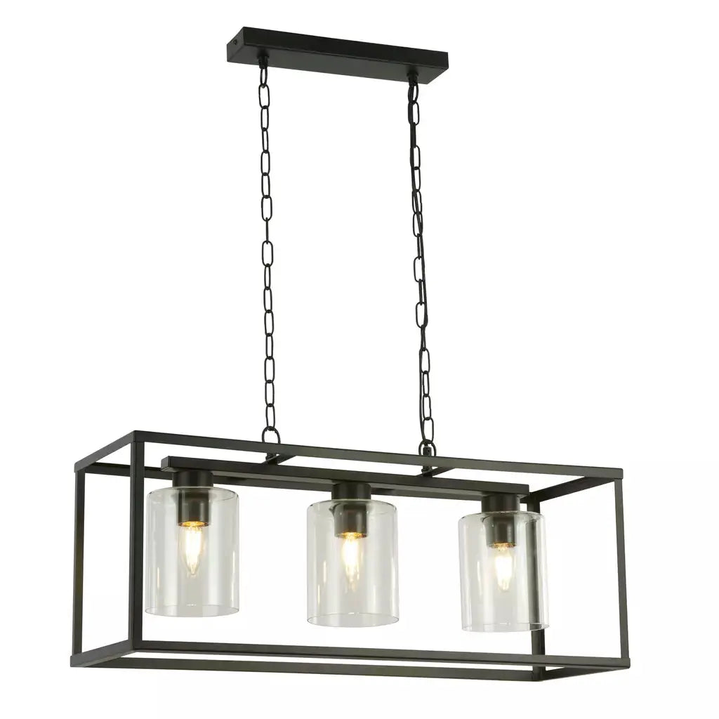 Searchlight Pendant Lights Lux & Belle 3Lt Ceiling Pendant - Black Metal & Clear Glass - Searchlight Pendant Lights Lux & Belle 3Lt Ceiling Pendant - Black Metal & Clear Glass
