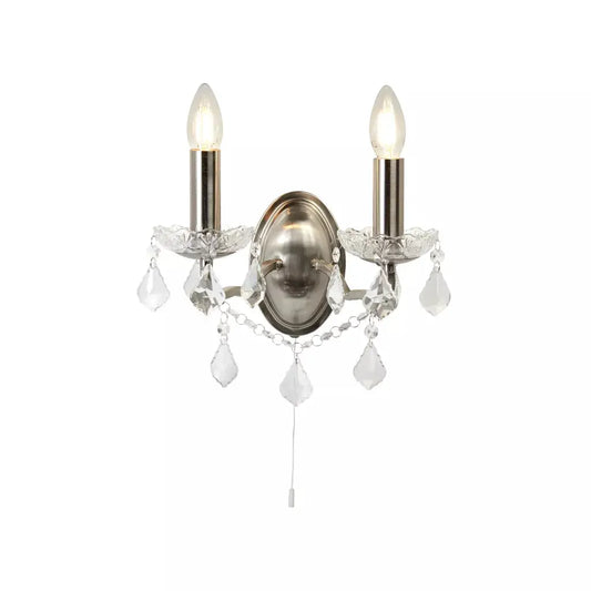 searchlight wall lights Paris 2Lt Wall Light -Satin Silver & Clear Crystal Drops - searchlight wall lights Paris 2Lt Wall Light -Satin Silver & Clear Crystal Drops