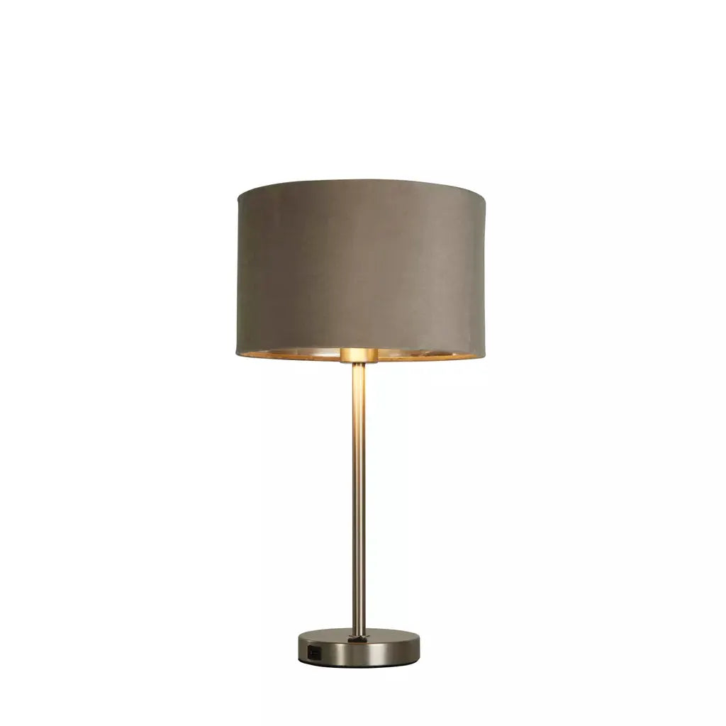 searchlight table lamps Finn USB Table Lamp -Satin Nickel Metal & Taupe Velvet Shade - searchlight table lamps Finn USB Table Lamp -Satin Nickel Metal & Taupe Velvet Shade