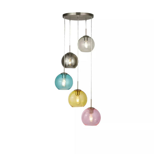 Searchlight Pendant Lights Mardi Gras 5Lt Pendant - Satin Silver Metal & Coloured Glass - Searchlight Pendant Lights Mardi Gras 5Lt Pendant - Satin Silver Metal & Coloured Glass