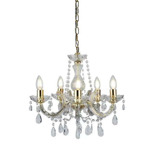 Searchlight Pendant Lights Marie Therese 5Lt Pendant - Polished Brass & Clear Acrylic - Searchlight Pendant Lights Marie Therese 5Lt Pendant - Polished Brass & Clear Acrylic